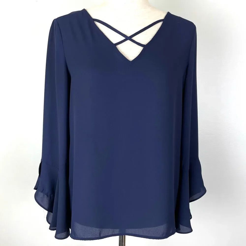 Soho Navy Blue Sheer Pull Over Blouse XS